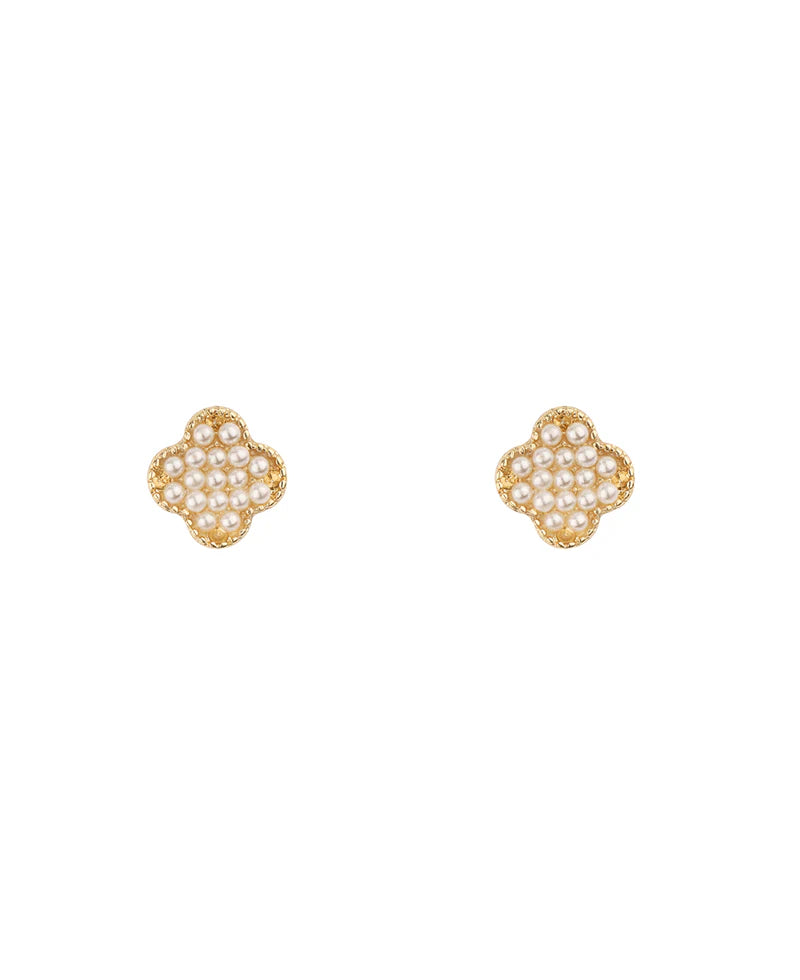 Gold Pearl Clover Stud Earrings