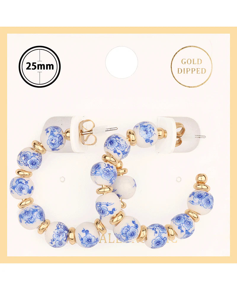 Blue & White Beaded Hoops