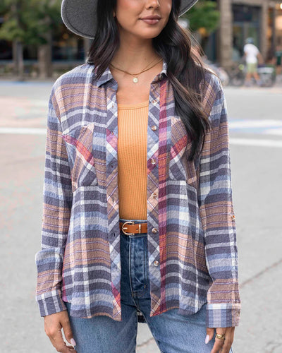 Grace & Lace Favorite Button Up Top - Navy Plaid