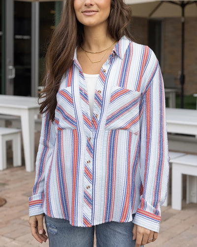 Grace & Lace Favorite Button Up Top - Red/Blue Striped