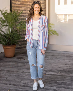 Grace & Lace Favorite Button Up Top - Red/Blue Striped