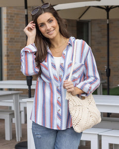 Grace & Lace Favorite Button Up Top - Red/Blue Striped