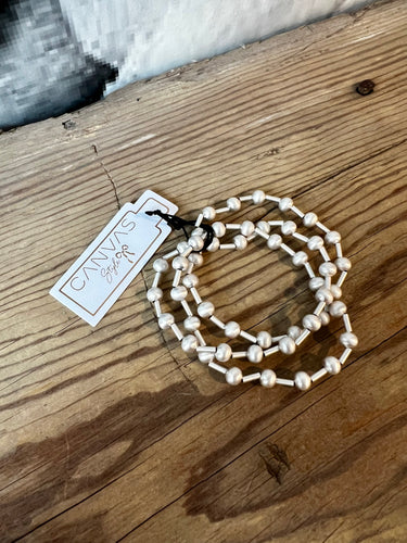 Canvas Talyah Satin Beaded Stretch Bracelet Set in Silver