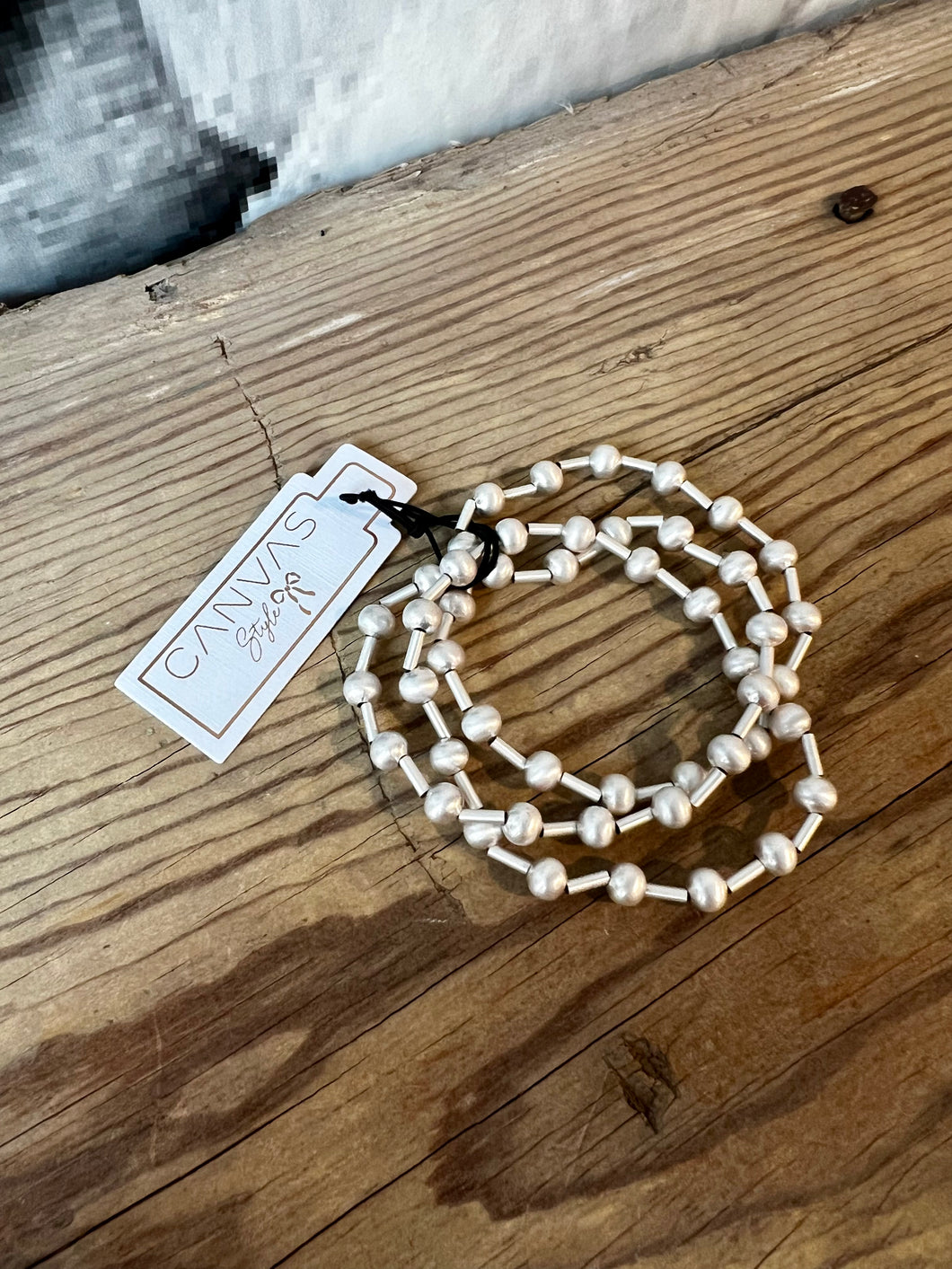 Canvas Talyah Satin Beaded Stretch Bracelet Set in Silver