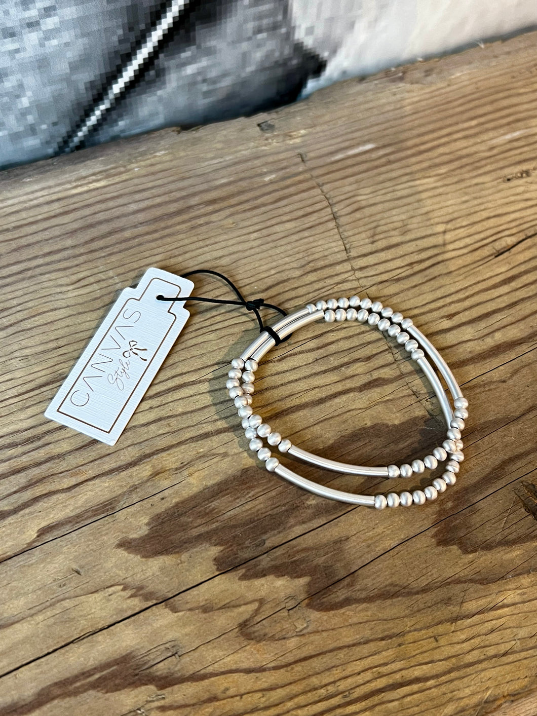 Canvas Marlena Satin Beaded Stretch Bracelet Set in Silver