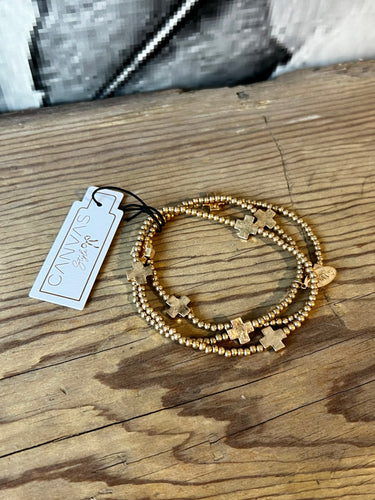 Canvas Macy Delicate Ball Cross Stretch Bracelet Set in Worn Gold