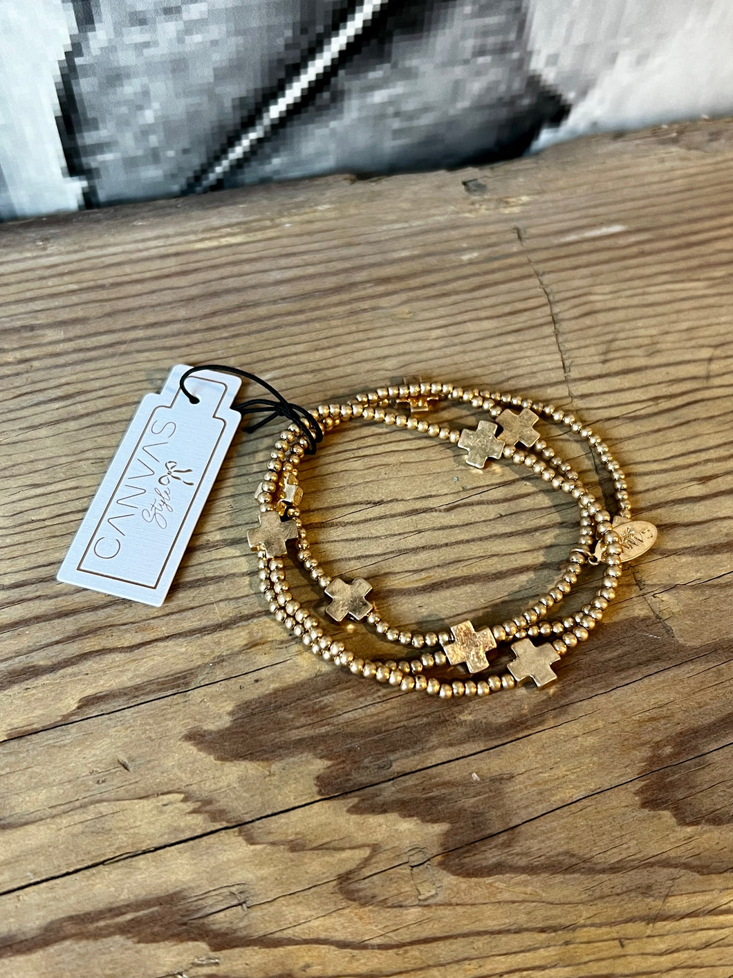 Canvas Macy Delicate Ball Cross Stretch Bracelet Set in Worn Gold