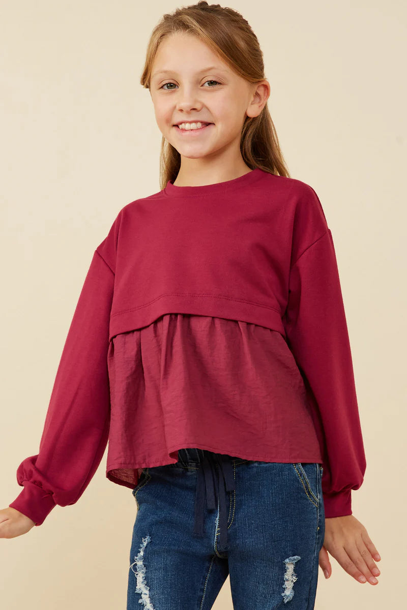 Mixed Media Girl's Top - Berry