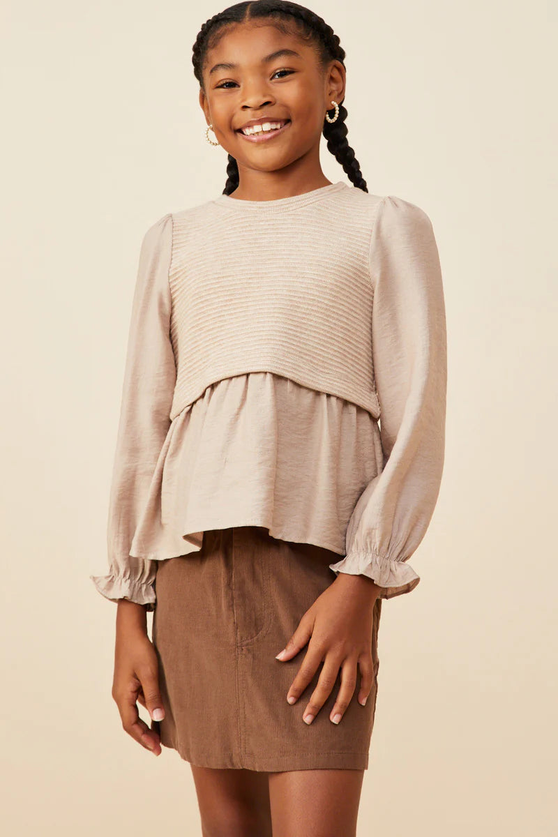 Ribbed Peplum Girl's Top - Taupe