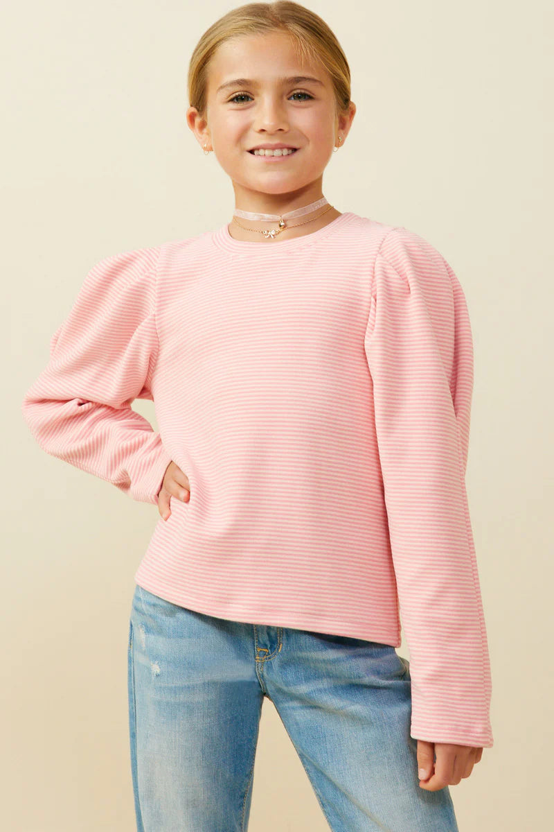 Ribbed Puff Sleeve Girl's Tee - Pink