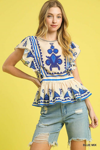Boho Blue Embroidered Top