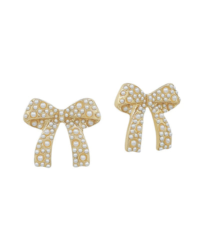 Gold Pearl Studded Bow Earrings