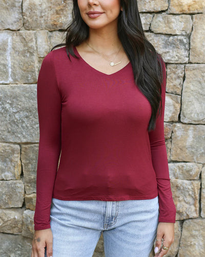 Grace & Lace Modal V-Neck Long Sleeve Tee - Red