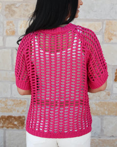 Grace & Lace Open Knit Short Sleeve Pullover - Pink