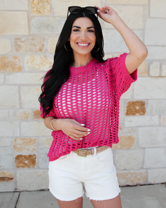 Grace & Lace Open Knit Short Sleeve Pullover - Pink