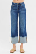 Risen Jeans - Mid Rise Crop Wide Cuffed Jeans - Dark Wash