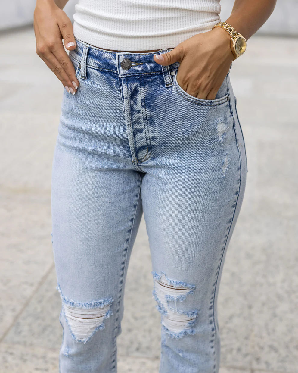 Special A Distressed High Rise Mom Jeans