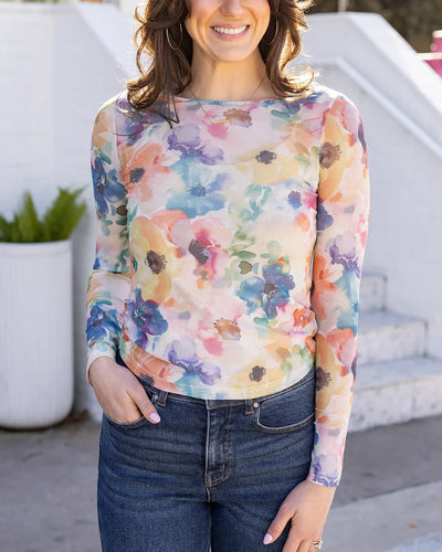 Grace & Lace Scoop Neck Floral Mesh Top - Watercolor