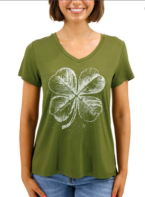 Grace & Lace Perfect V-Neck Graphic Tee - Four Leaf Clover