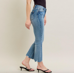 Judy Blue Mid Rise Vintage Wash Destroy Hem Kick Flare