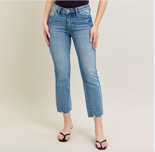 Judy Blue Mid Rise Vintage Wash Destroy Hem Kick Flare