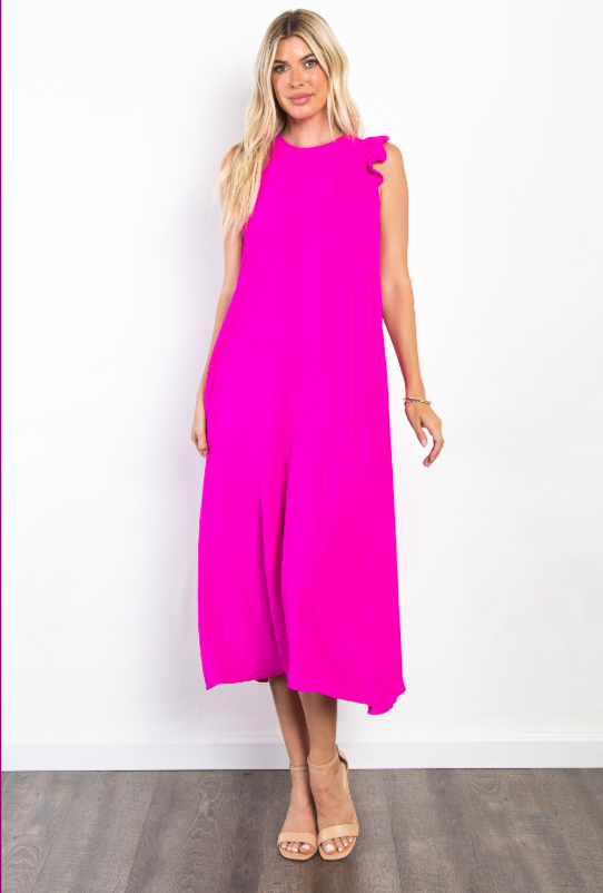 Mia Ruffle Sleeve Midi Dress - Magenta