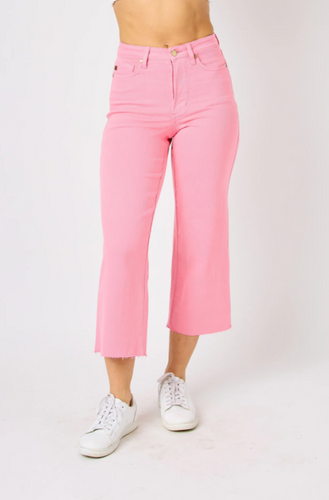 Judy Blue HW Garment Dyed Cropped Wide Leg Jeans - Pink