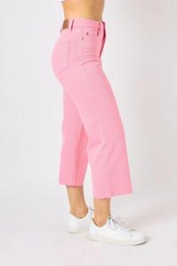 Judy Blue HW Garment Dyed Cropped Wide Leg Jeans - Pink