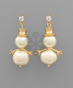 Gold Pearl Snowman Dangle Earrings