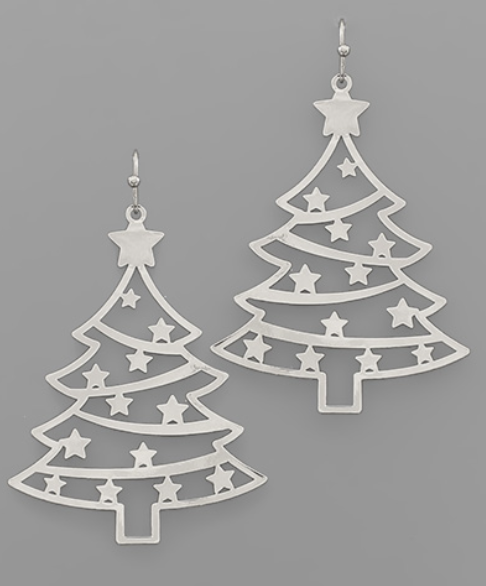 Silver Starry Night Christmas Tree Earrings