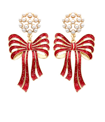 Glitter Pearl & Bow Earrings - Red