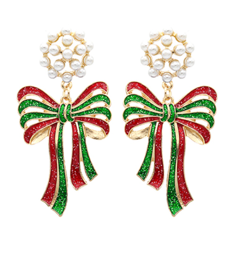 Glitter Pearl & Bow Earrings - Red & Green