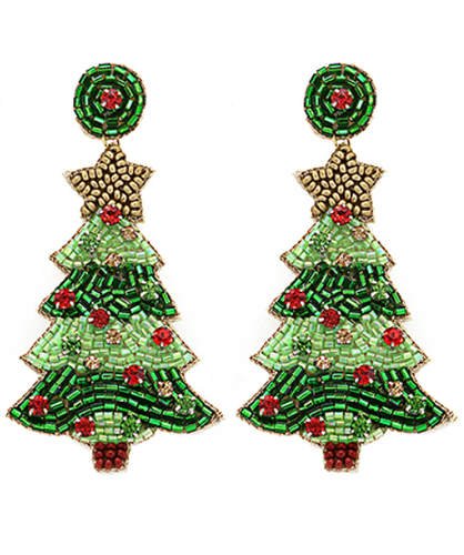 Beaded Holly Jolly Christmas Tree Earrings