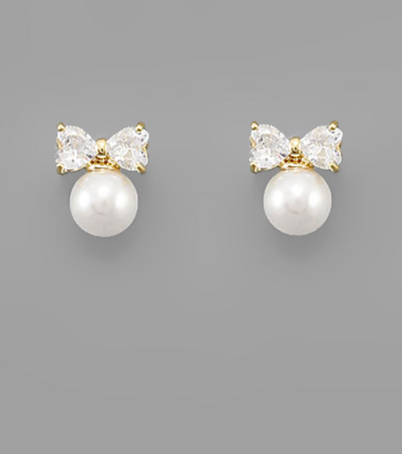 Gold Bow Pearl Earrings