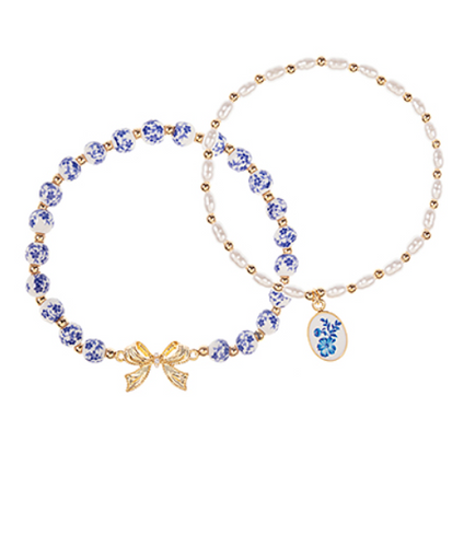 Bow & Ceramic Charm Bracelet Stack - Blue & White