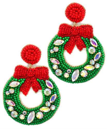 Beaded Red Bow Christmas Wreath Earrings