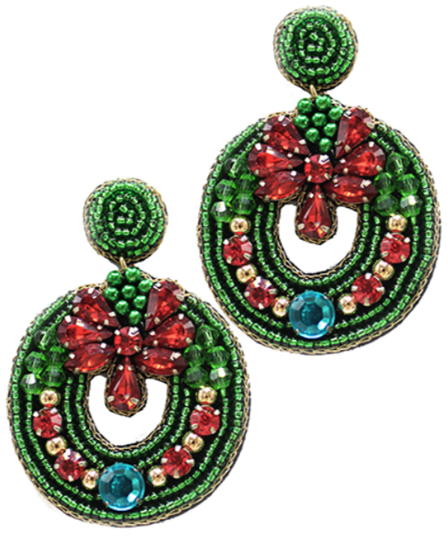 Beaded Jeweled Christmas Wreath Earrings