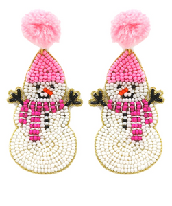 Beaded Pom Pom Snowman Earrings