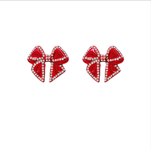 Crystal Bow Stud Earrings - Red