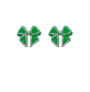 Crystal Bow Stud Earrings - Green