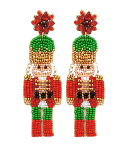 Beaded Christmas Nutcracker Earrings - Red