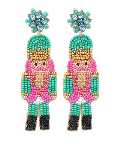 Beaded Christmas Nutcracker Earrings - Turquoise