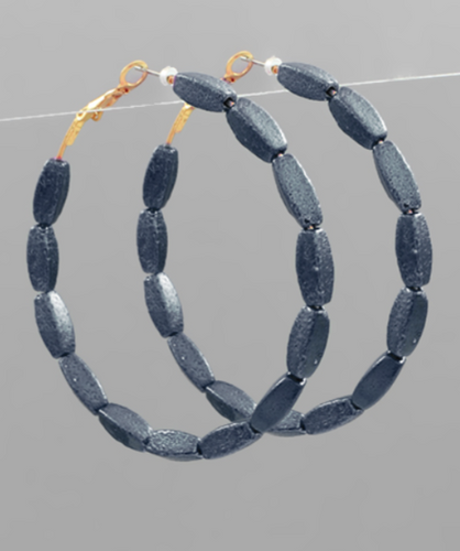 Dark Grey Rice Bead Round Hoop Earrings