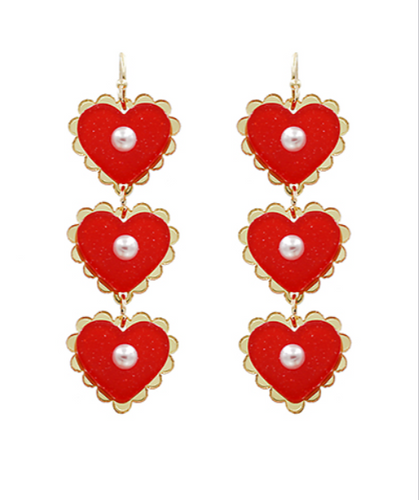 Tiered Glitter Heart Earrings - Red