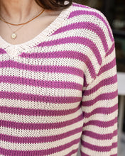 Load image into Gallery viewer, Grace &amp; Lace Striped V-Neck Sweater - Berry