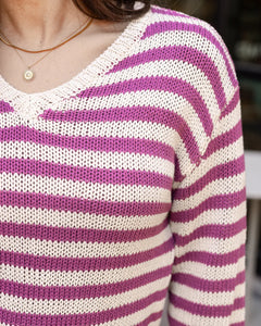 Grace & Lace Striped V-Neck Sweater - Berry