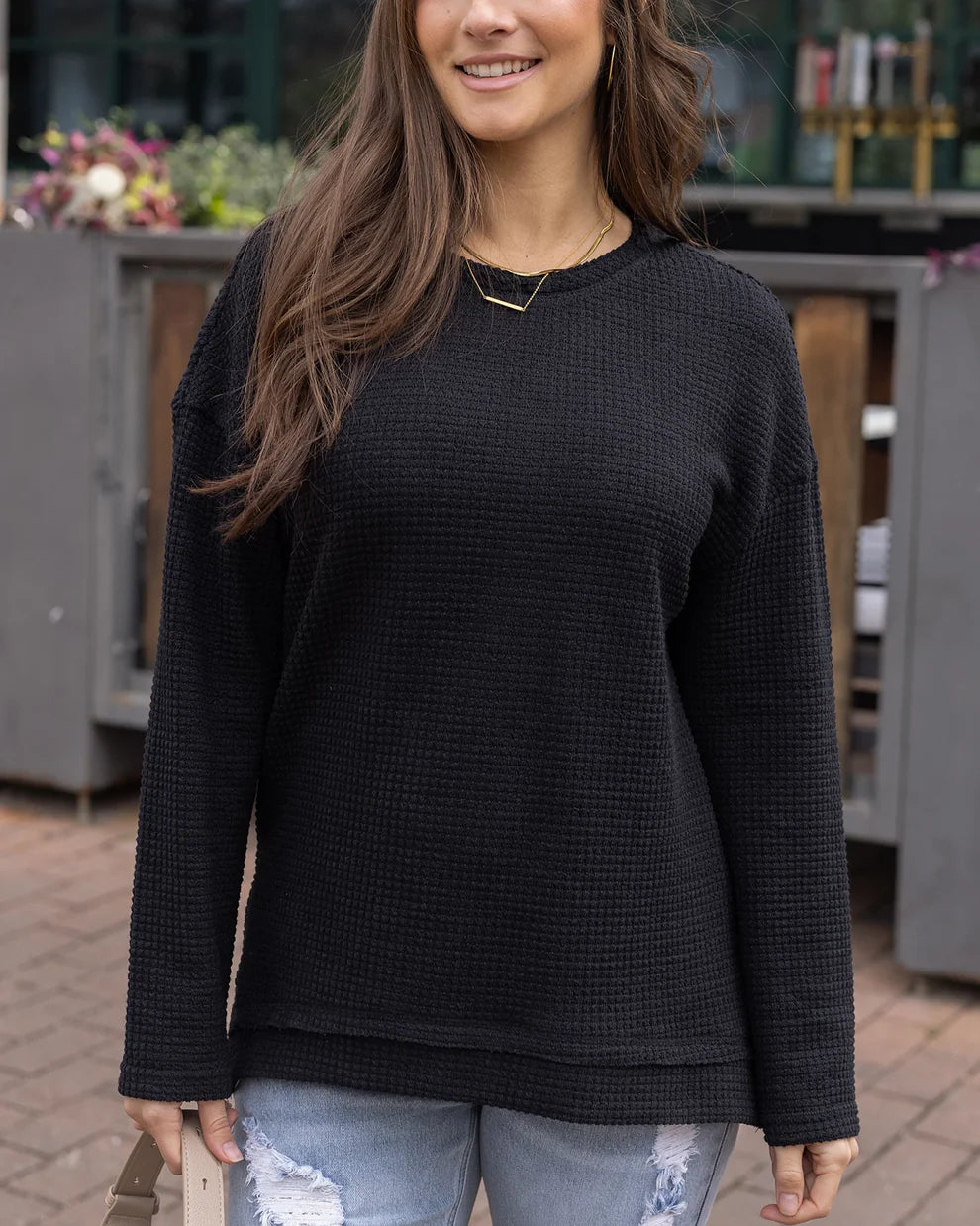 Grace & Lace Slouchy Waffle Pullover - Black