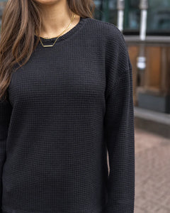 Grace & Lace Slouchy Waffle Pullover - Black