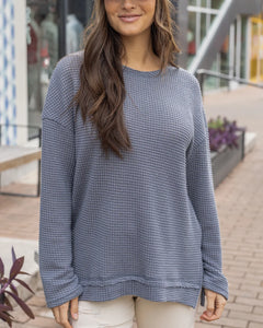 Grace & Lace Slouchy Waffle Pullover - Grey