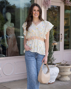 Grace & Lace Smocked Flutter Sleeve Top - Watercolor Floral